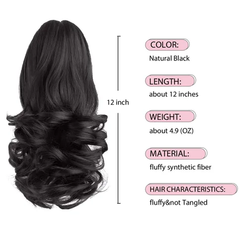 Vista 3 de Extensiones de cola de caballo de color negro, pinza de extensiones de cabello rizado para mujer, extensiones de cabello sintético de cola