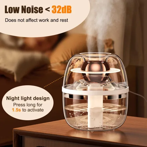 Vista 7 de Humidificador, humidificador de escritorio silencioso de niebla fría USB de 3 litros con luz nocturna y boquilla doble giratoria de 360° de 20 horas