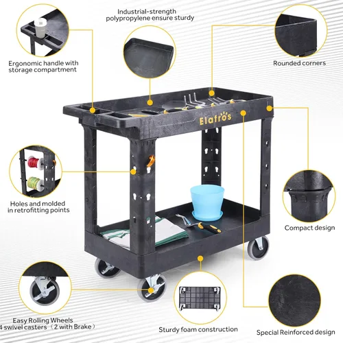 Vista 4 de ELAFROS Carrito utilitario de plástico resistente de 34 x 17 pulgadas - Carrito de trabajo con almacenamiento de tina con estantes profundos