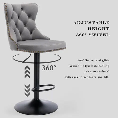 Vista 25 de SoarFlash Juego de 2 taburetes de bar tapizados de terciopelo moderno con patas de madera, botones acolchados, cabeza de clavo cromada, asiento
