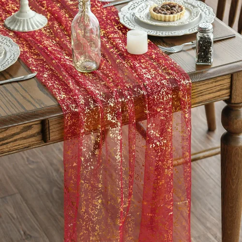 Vista 26 de Artoid Mode Camino de mesa de gasa color beige dorado de 120 pulgadas, 10 pies, lámina metálica con purpurina transparente para comedor, boda