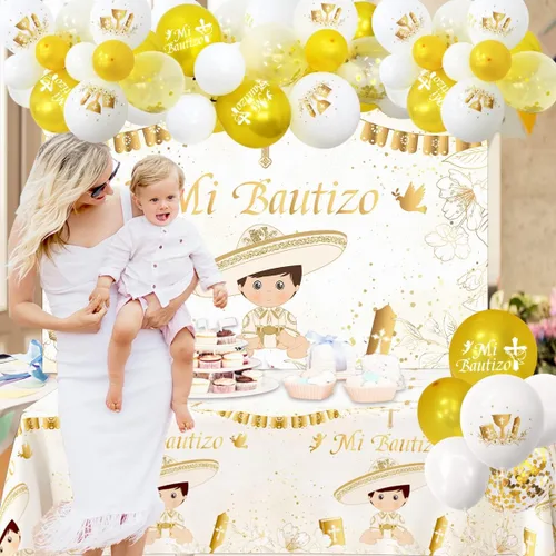 Vista 2 de Kit de 57 piezas de guirnalda de arco de globos de Mi Bautizo para He God Bless Baby Boy Bautizo Party Decoraciones Primera Comunión Decoración