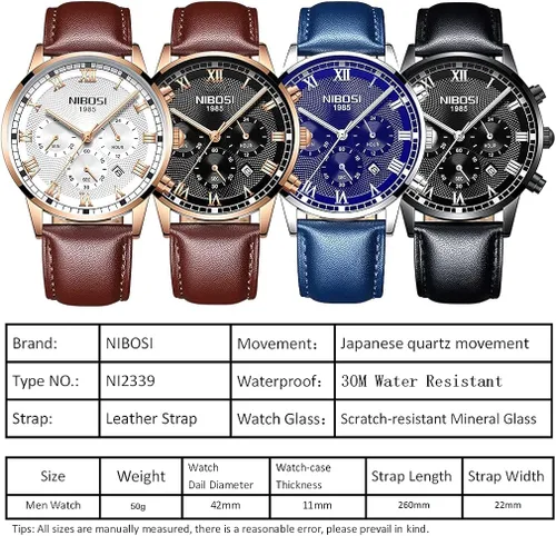Vista 6 de NIBOSI Watches for Men Casual Fashion Brown Leather Band Chronograph Waterproof Business Analog Quartz Dress Big Face Large Luminous Sports Wrist