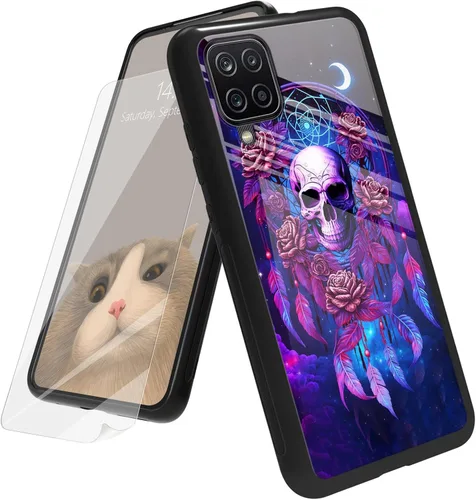 Vista 168 de Funda para Samsung Galaxy A12 5G con protector de pantalla, parte trasera de vidrio templado + TPU de silicona suave que absorbe los golpes