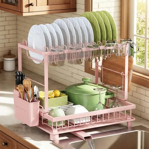 Vista 10 de Escurridor de platos, escurridor de 2 niveles que ahorra espacio, escurridor de platos multifuncional para encimera de cocina con bandeja