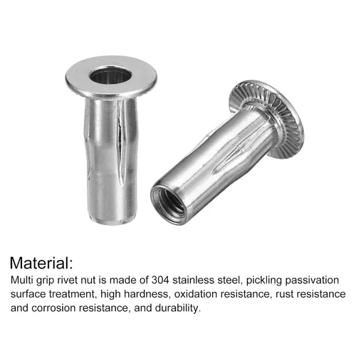 Vista 4 de uxcell M6 - Tuercas de remache de agarre múltiple, 2 piezas de vástago preabombado, cabeza plana, tuerca de inserción roscada de acero inoxidable