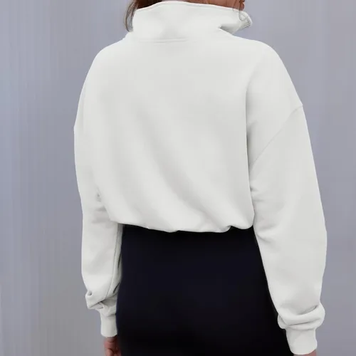 Vista 4 de Sudadera con media cremallera para mujer, manga larga, color liso, cuello alto, recortada, ajuste holgado, ropa casual de otoño