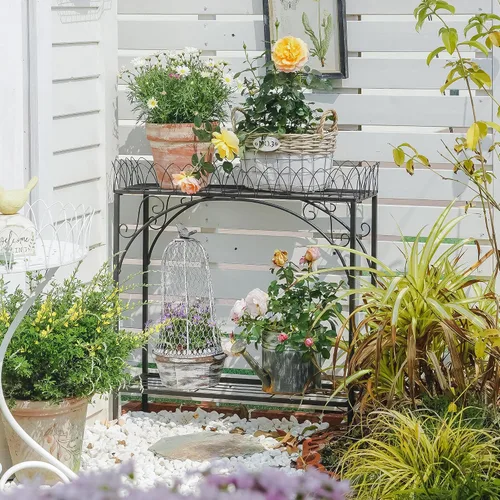 Vista 2 de Estante largo negro de doble capa, soporte de metal estilo patio francés para plantas altas en maceta, soporte resistente para macetas interiores