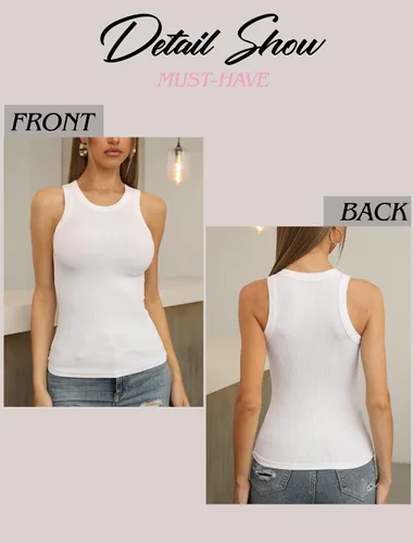 Vista 2 de VICHYIE - Camiseta de tirantes para el verano para mujeres, básica, sin mangas, camiseta ajustada de punto acanalado, blusas con espalda cruzada