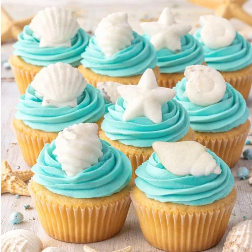 Vista 5 de Paquete de 24 decoraciones comestibles de conchas marinas blancas y estrellas de mar para decoración de pasteles, cupcakes, pasteles, pasteles