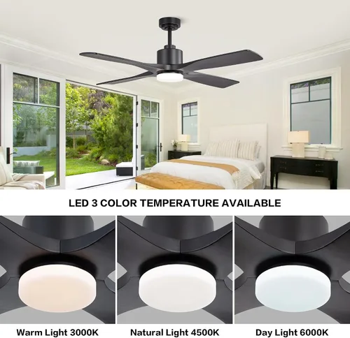 Vista 6 de WINGBO Ventilador de techo CC de 54 pulgadas con luces y control remoto, 4 cuchillas de madera maciza tallada, motor CC reversible de 6 velocidades