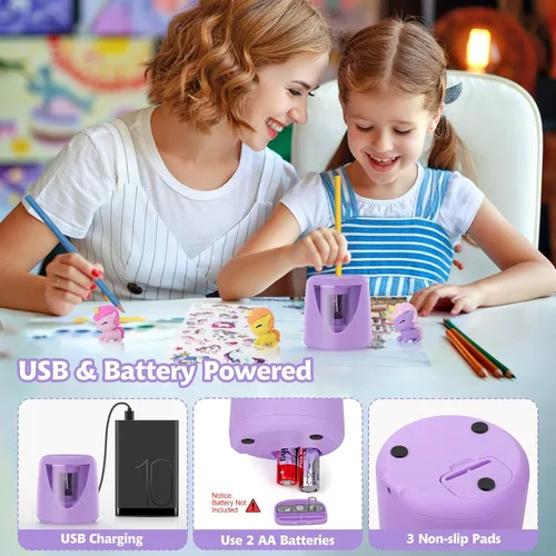 Vista 3 de Sacapuntas eléctricos para niños, lindo sacapuntas pequeño de lápices de colores para el hogar y el aula, sacapuntas eléctrico con enchufe