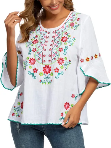 Vista 4 de Camisas mexicanas campesinas, blusas para mujer, blusas bordadas de algodón, para fiesta, verano, bohemias, mangas 34