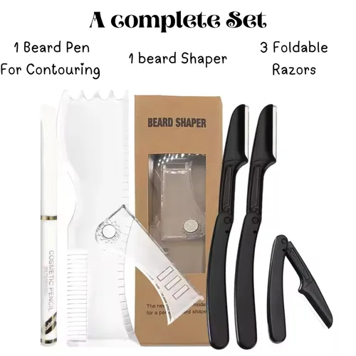 Vista 4 de Plantilla ajustable para moldear barba para hombres, kit con plantillas flexibles para barba, lápiz de peluquero y 3 maquinillas de afeitar faciales