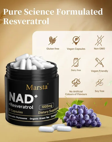 Vista 5 de MARSTA Suplemento de resveratrol NAD 1000 mg orgánico - NAD+ liposomal para energía, antienvejecimiento, apoya la concentración y la resistencia
