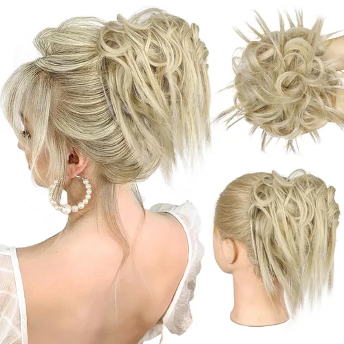 Vista 44 de HMD - Extensiones de cabello tipo chongo alborotado con rodelo despeinado, banda elástica de goma, extensiones de cabello sintético para mujer