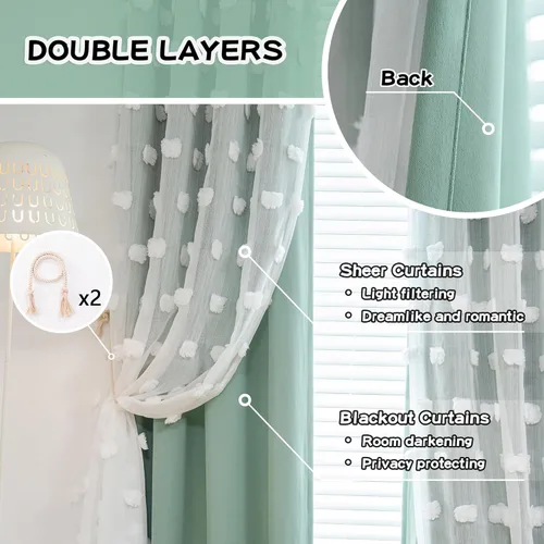 Vista 3 de Mysky Home Cortinas de doble capa, dormitorio, traslúcidas, opacas, habitación de niños, comedor, guardería, ojales, oscurecer la habitación, 52 x