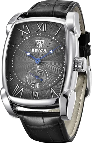 Vista 6 de BENYAR - Reloj de pulsera rectangular para hombre con correa de piel, estilo retro, casual, clásico, regalo perfecto para amigos