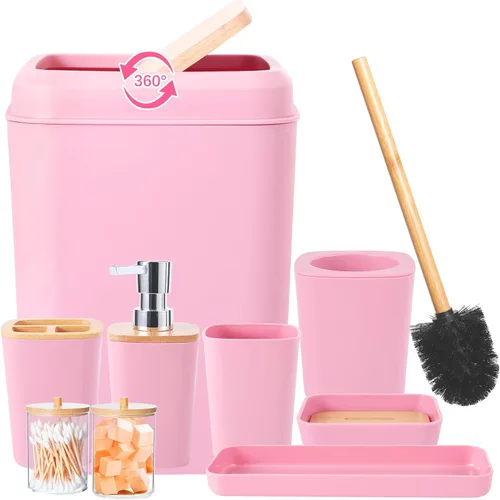 Vista 13 de Juego de accesorios de baño rosa con cortina de ducha y alfombras con purpurina, juegos de baño con alfombras de baño extrasuaves y absorbentes