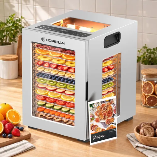Vista 10 de HOPERAN 14-Tray Food Dehydrator with 10 Presets, Stainless Steel, 840W Silver-14 Trays