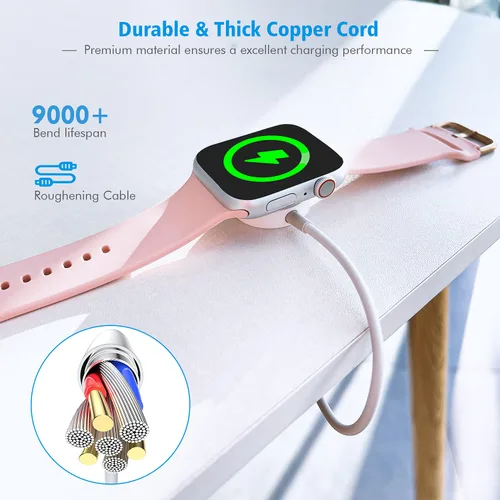 Vista 5 de Compatible con cargador rápido de reloj inteligente de 3.3 pies, cable de carga iWatch con cargador de pared USB, enchufe de viaje para cable