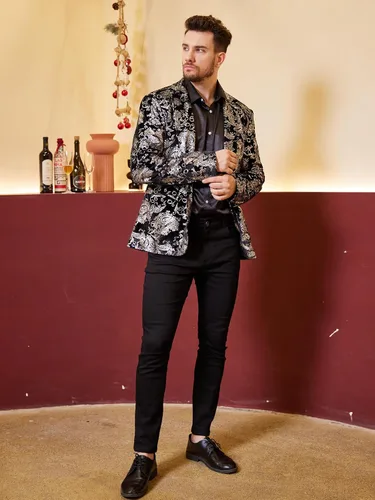 Vista 7 de WULFUL Chaqueta de traje floral para hombre, ajustado, elegante, para cena, fiesta, graduación, boda, esmoquin