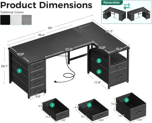 Vista 3 de Coleshome - Escritorio en forma de L para computadora con 6 cajones y toma de corriente, escritorio esquinero de 55 pulgadas con estante