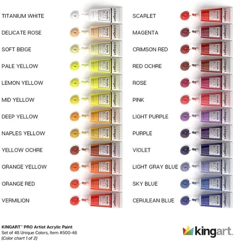 Vista 12 de KINGART PRO Artist Quality - Juego de pintura acrílica de 48 piezas, tubos de 0.74 onzas, juego de 48 colores únicos y altamente pigmentados