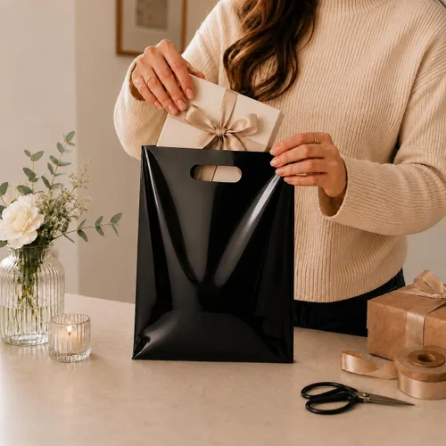 Vista 4 de Paquete de 100 bolsas de compras de plástico negro con asas troqueladas, tamaño de 9 x 12 pulgadas