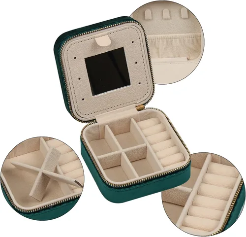 Vista 4 de Jwinkumy Mini organizador de joyas caja de viaje con espejo, portátil, pequeño, soporte de almacenamiento de terciopelo para anillos, aretes