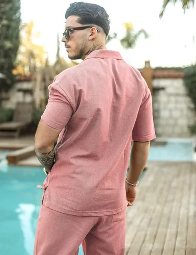 Vista 3 de CHOMOLEZA Conjunto de camisa de manga corta con botones para hombre, pantalones de playa