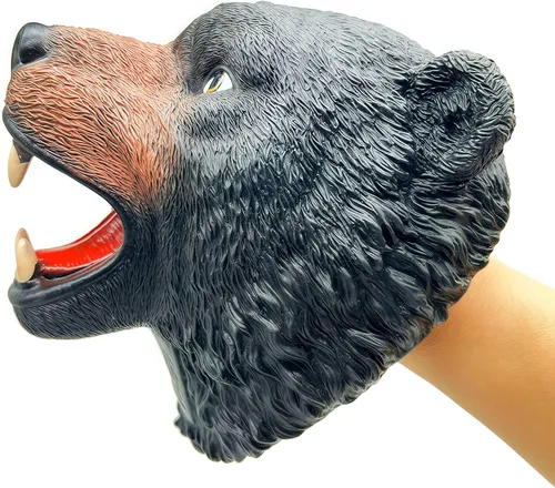 Vista 3 de Gemini&Genius Juguete de oso para niños, marioneta de mano de oso – Oso negro americano de goma suave Bruin Head juguete para juegos de rol, cuentos
