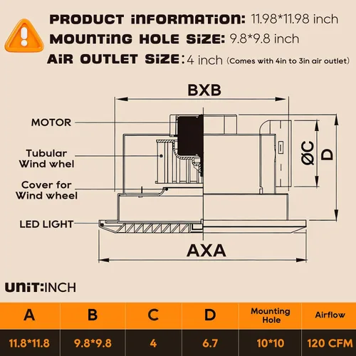 Vista 7 de Extractor de baño ultra silencioso con luz, 120 CFM, 1.0 Sones Negro