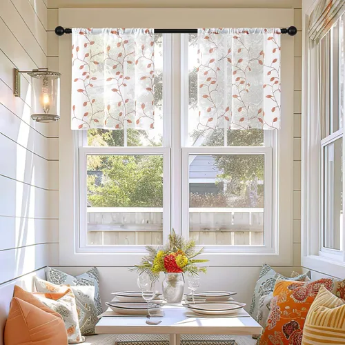 Vista 6 de MRTREES Cortinas traslúcidas de cocina de 24 pulgadas, cortinas cortas bordadas con hojas de terracota para baño, mini ventana, bolsillo para barra
