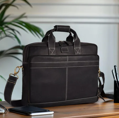Vista 9 de LEATHER VILLAGE 16" Bolsa de Mensajero para Laptop de Cuero para Hombres - Bolso de Hombro de Cuero para Viaje y Oficina - Negro