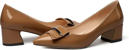 Vista 4 de YODEKS Zapatos de tacón grueso para mujer, tacón de bloque bajo, punta puntiaguda, zapatos de tacón para el trabajo, casual, vida diaria, fiesta