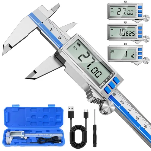 Vista 8 de Calibre digital, calibre Vernier recargable de acero inoxidable tipo C, conversión de F/MM/in, LCD grande, pinza de medición digital de carga USB