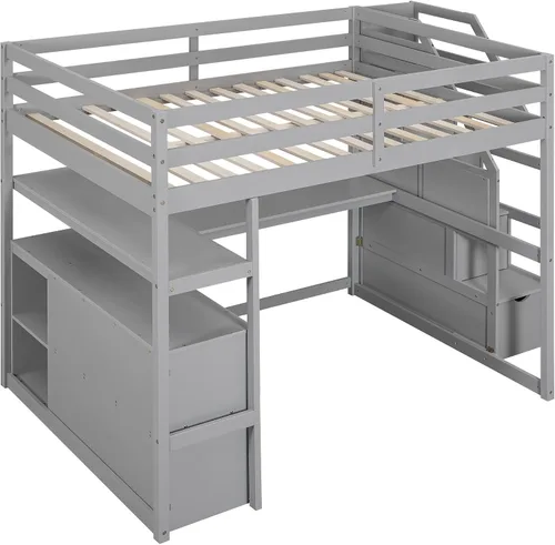 Vista 9 de Harper & Bright Designs Cama Loft de Madera Tamaño Full con Escaleras y Cajones para Almacenamiento, Marco de Cama Loft Moderno con Escritorio