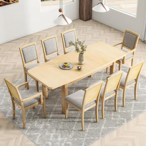Vista 30 de Juego de mesa de comedor rústica de 6 piezas con mesa rectangular de caballete y 4 sillas tapizadas y banco, juego de mesa de comedor de cocina