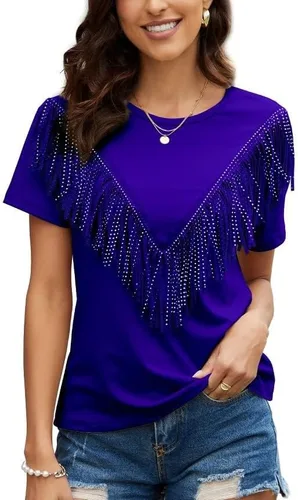 Vista 2 de PESION Camisas de manga corta con flecos para mujer, blusa con ribete de borlas