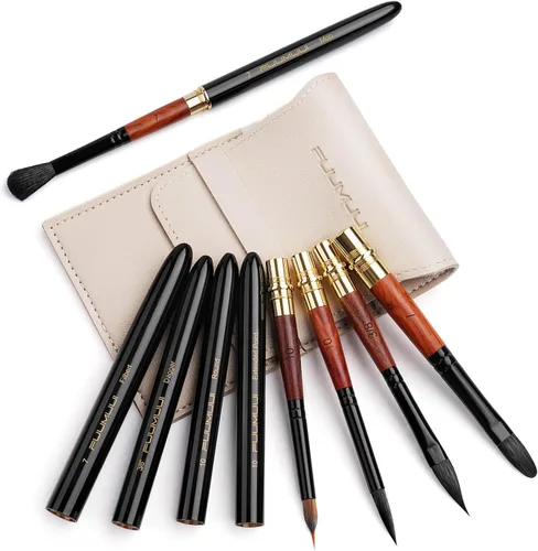 Vista 8 de Pinceles de acuarela para viajes, Fuumuui 3 piezas Plein Air elegantes pinceles Sable para acuarela con estuche de cuero de bolsillo, perfectos