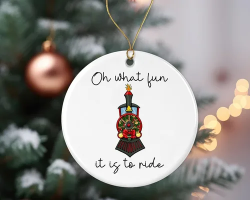 Vista 2 de Adorno Oh What Fun It is to Ride, adorno de tren, regalo para niños, adorno de Navidad de tren de nieto, adorno de tren de Navidad impreso en un lado