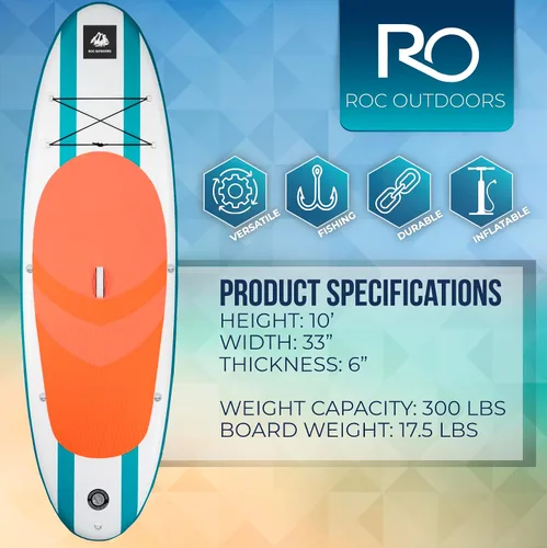 Vista 8 de Roc Tabla de remo inflable con accesorios de tabla de remo de SUP de alta calidad, diseño amplio y estable, cubierta antideslizante y cómoda