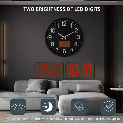 Vista 20 de Reloj de pared analógico de 12 pulgadas, silencioso, sin tictac, reloj de pared grande de cuarzo con LED nocturno, reloj de pared decorativo a
