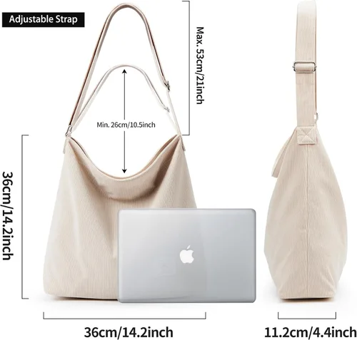 Vista 7 de KALIDI Bolso de mano de pana para mujer, estilo casual, con cremallera, grande, bandolera, bolso de hombro, bolso de trabajo a la moda para mujer