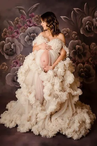 Vista 4 de Molisa Vestido de maternidad de tul para sesión de fotos, volantes hinchados, lencería nupcial, bata de baño, vestidos de embarazo transparentes