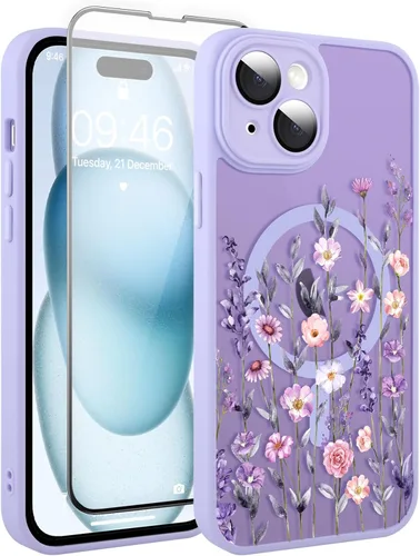 Vista 165 de Magnético para iPhone 13 con protector de pantalla [Compatible con MagSafe] Diseño de patrón floral de flores bonitas, funda delgada a prueba