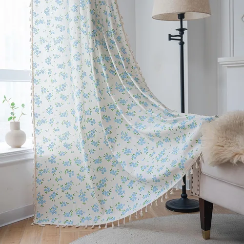 Vista 2 de ENJOYBRIDAL - Cortinas azules florales de 63 pulgadas, juego de 2 paneles, cortinas semi transparentes, cortinas cortas para sala de estar, bolsillo