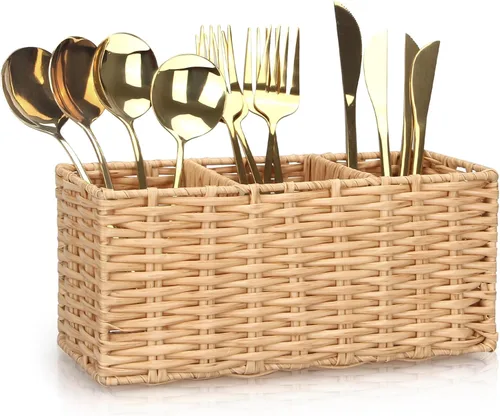 Vista 9 de Ayiaren Organizador de cubiertos de plástico gris para cubiertos, organizador de utensilios pequeños para encimera de cocina, fiesta, cubiertos