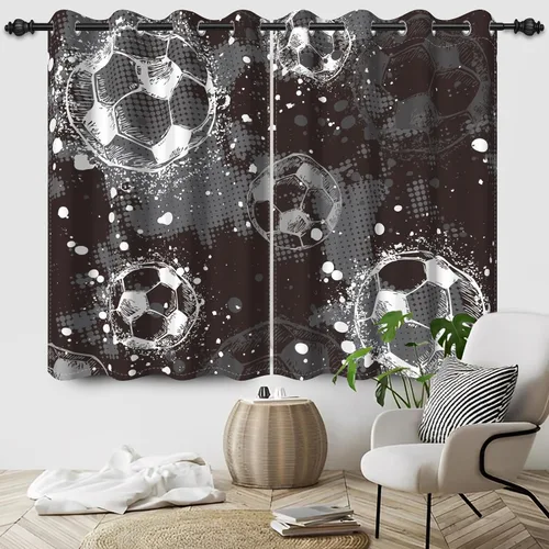 Vista 11 de Cortinas opacas de fútbol para dormitorio de niños, con temática deportiva, para sala de fútbol, cortinas de fútbol en blanco y negro